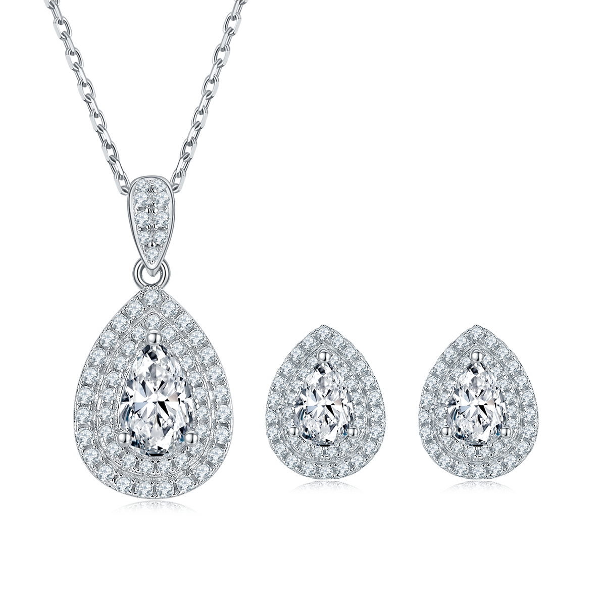 Exquisite pear shaped S925 silver plated white gold moissanite diamond pendant earring set